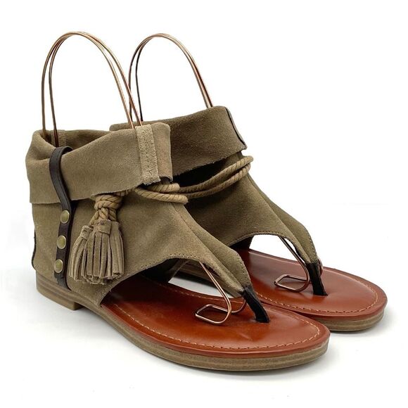 MIA Natasha Tan Stone Suede Boho Thong Ankle Wrap Tassel Sandal Women’s Size 7 - Picture 7 of 16
